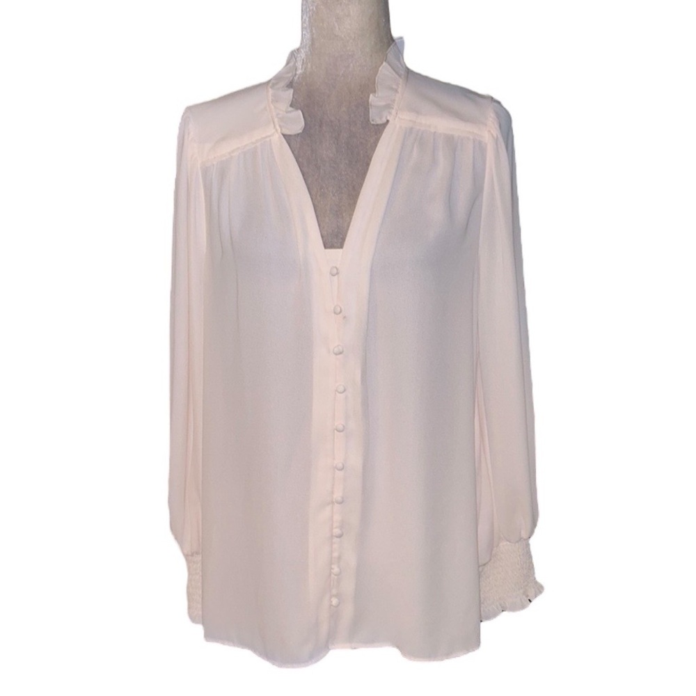 Crosby by Mollie Burch Blush Pink Semi Sheer Ruffle Neck Puff Sleeve Blouse - L